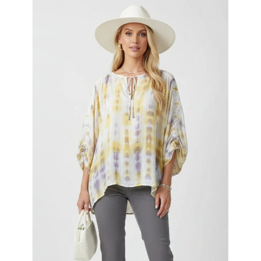 Young Fabulous & Broke White & Yellow Short Sleeve Bohemian Peasant Top NEW S